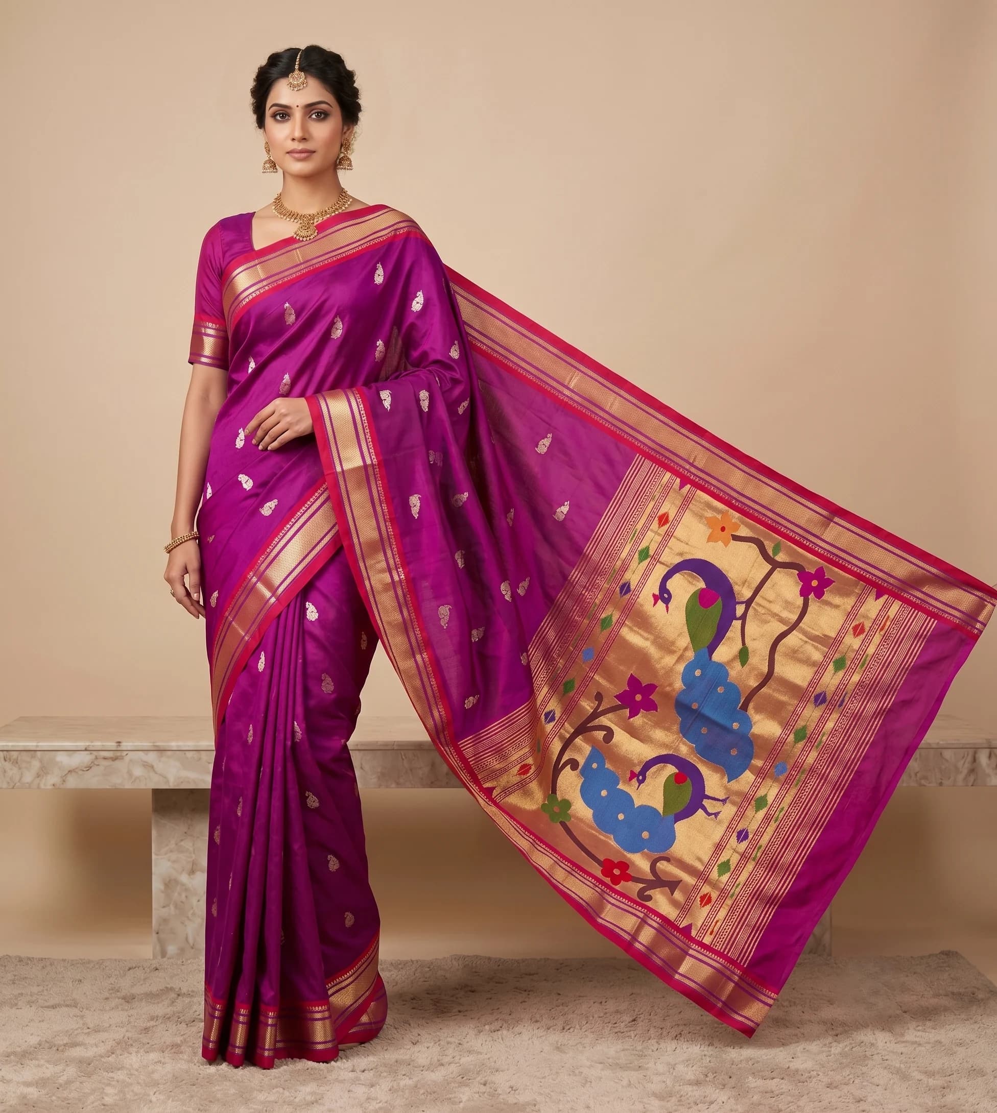 Fancy Pallu Paithani - Royal Purple - Royal Purple Pure Silk Peacock Saree