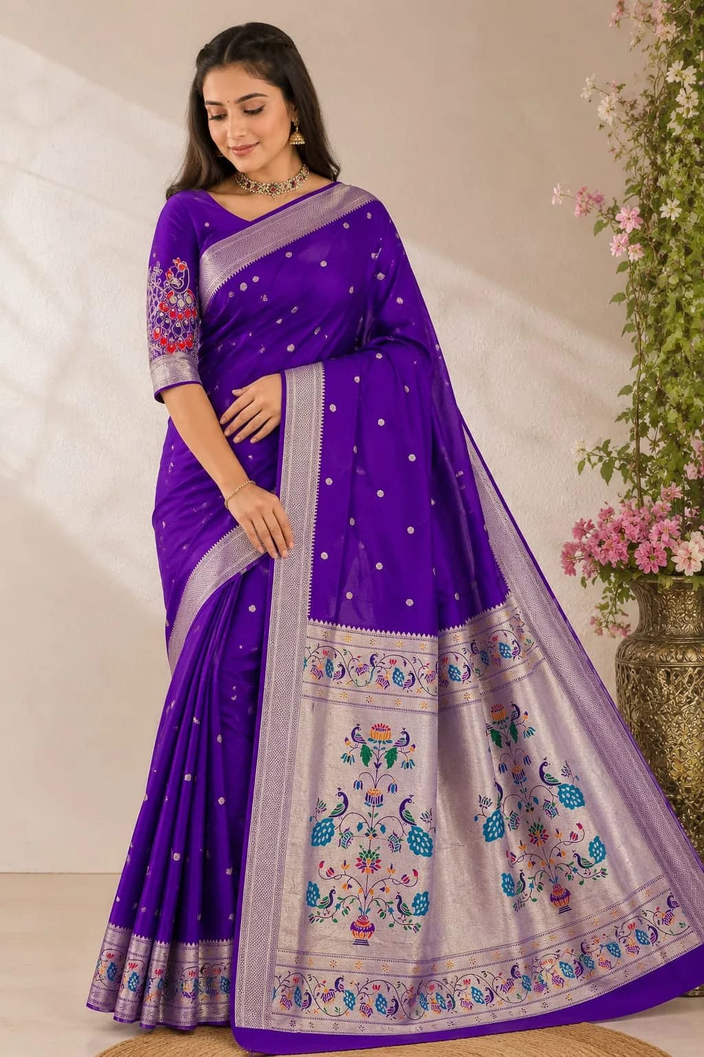 Kalanjali Sarees - Royal Purple - Royal Purple Semi Paithani Traditional Peacock Paithani Saree