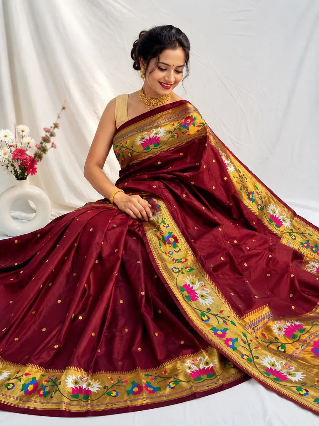Rajhuns Paithani Saree - Wine Maroon - Wine Maroon Semi Paithani Rajhuns (Peacock & Floral) Saree