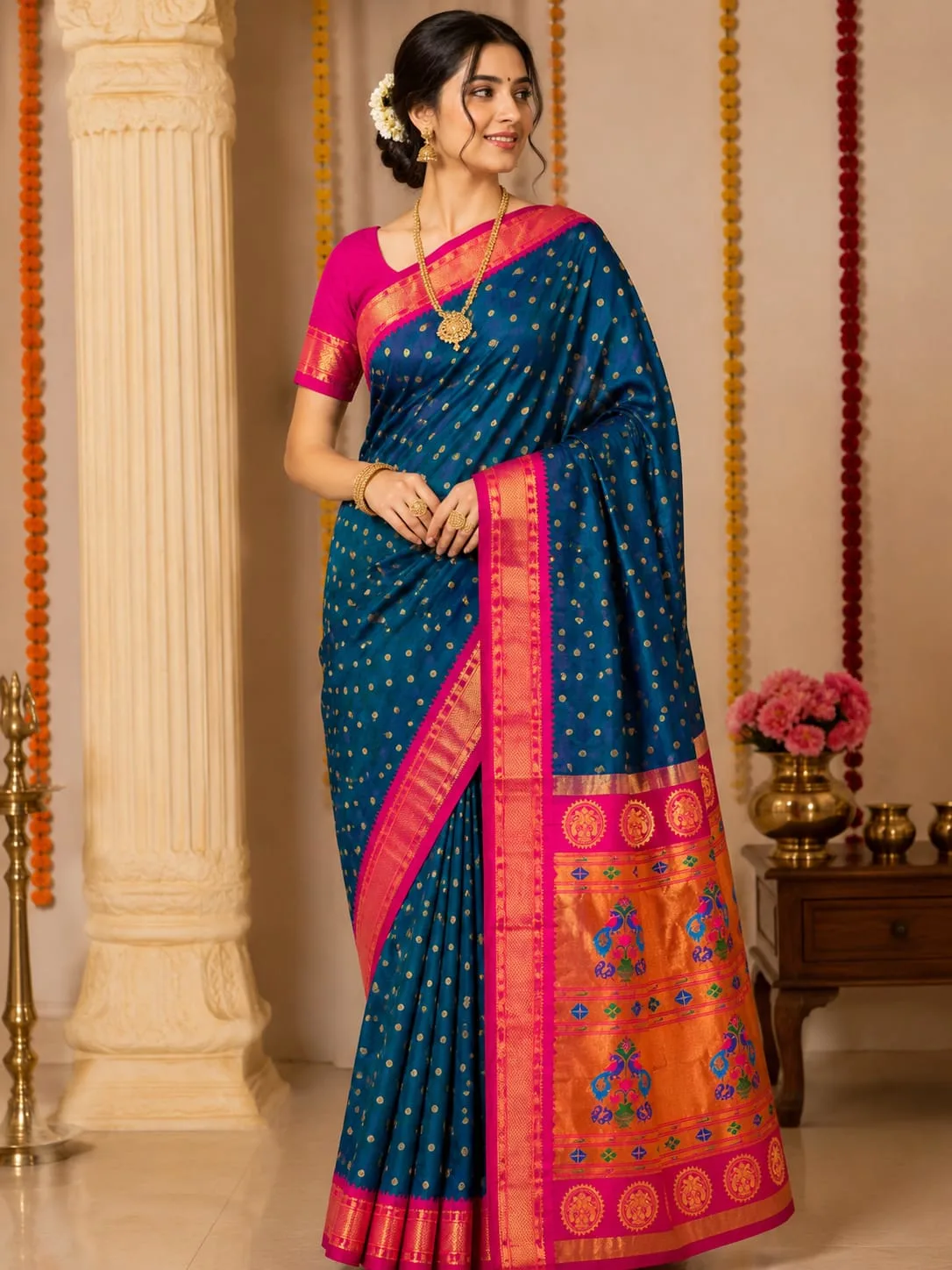 Kadiyal Paithani - Royal Blue - Royal Blue Semi Paithani Allover Butties Saree