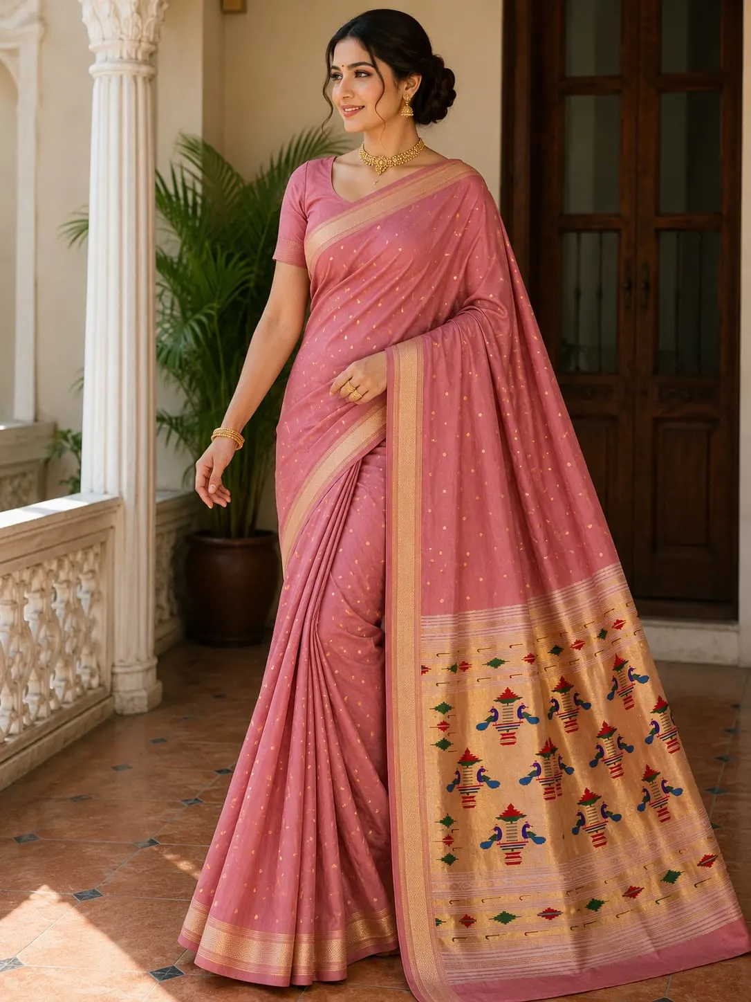 Double Pallu Saree - Baby Pink - Baby Pink Semi Paithani Pallu, Allover Butties Saree
