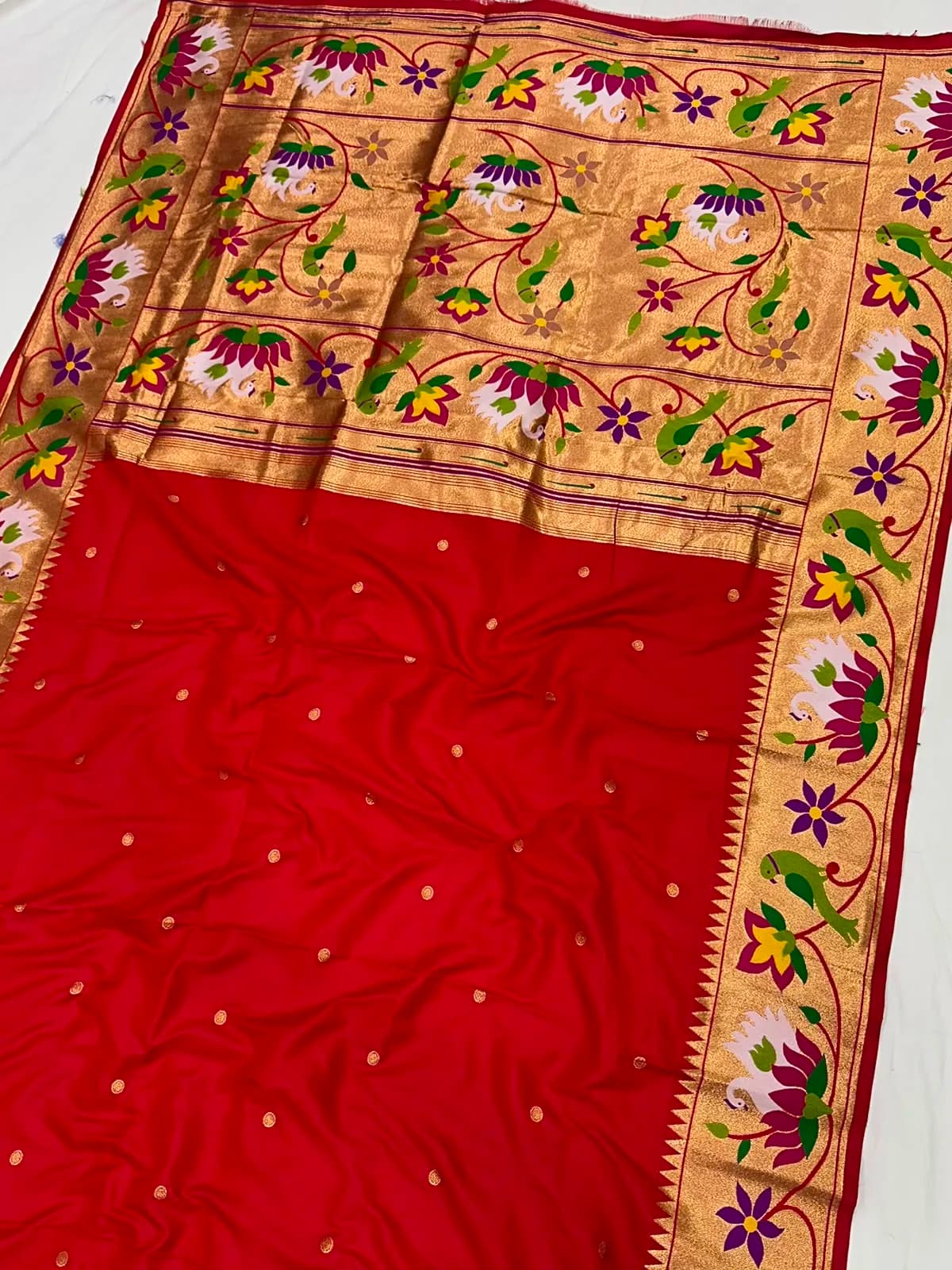 Rajhauns Paithani Saree - Red - Red Semi Paithani Peacock Saree