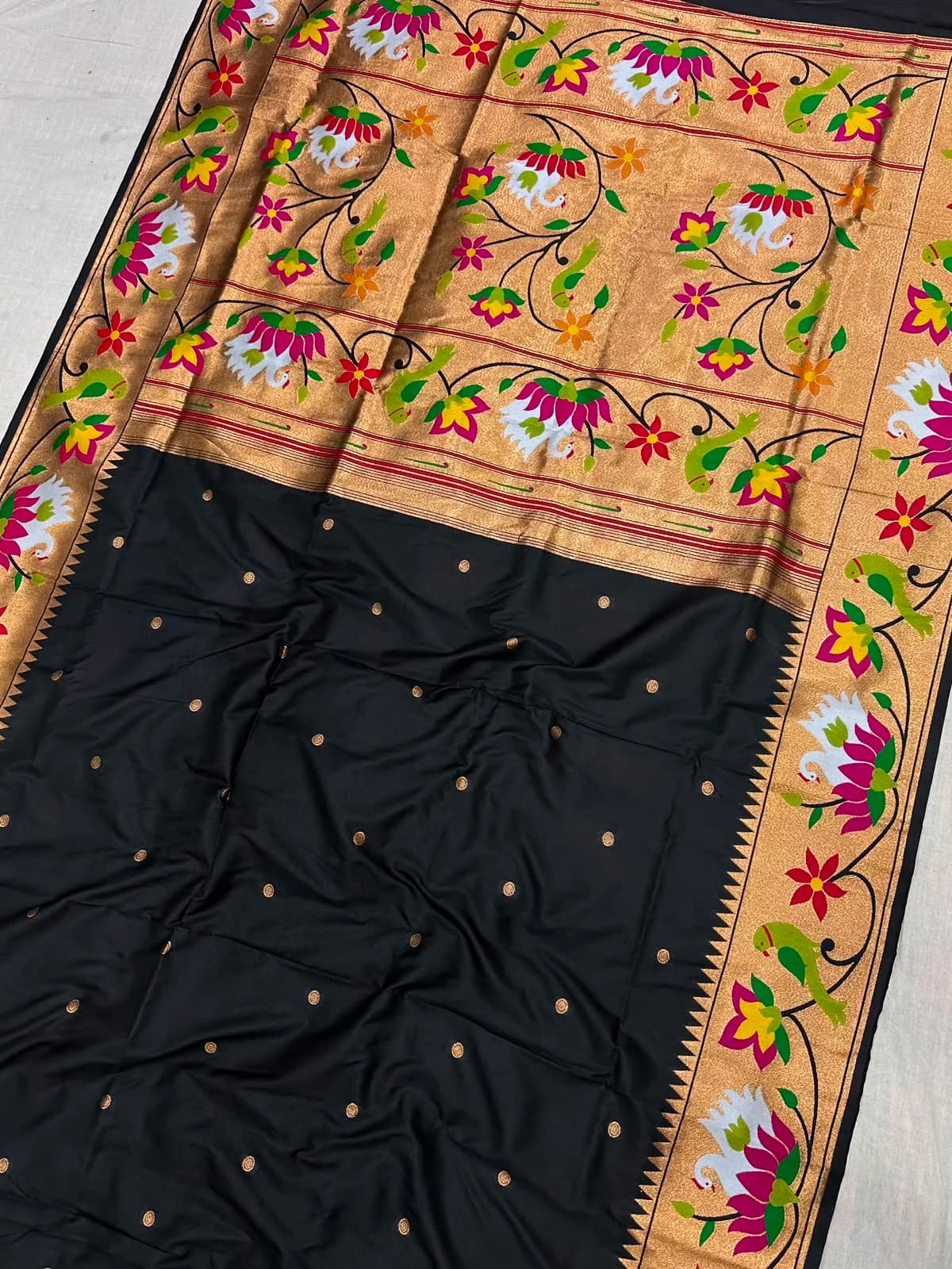 Rajhauns Paithani Saree - Black - Black Semi Paithani Peacock Saree