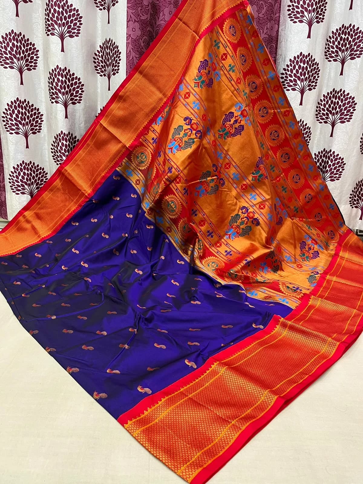 Kalyani Paithani Saree - Royal Blue - Royal Blue Semi Paithani Peacock Meena Butti, Meenakari Pallu, Allover Butties Saree