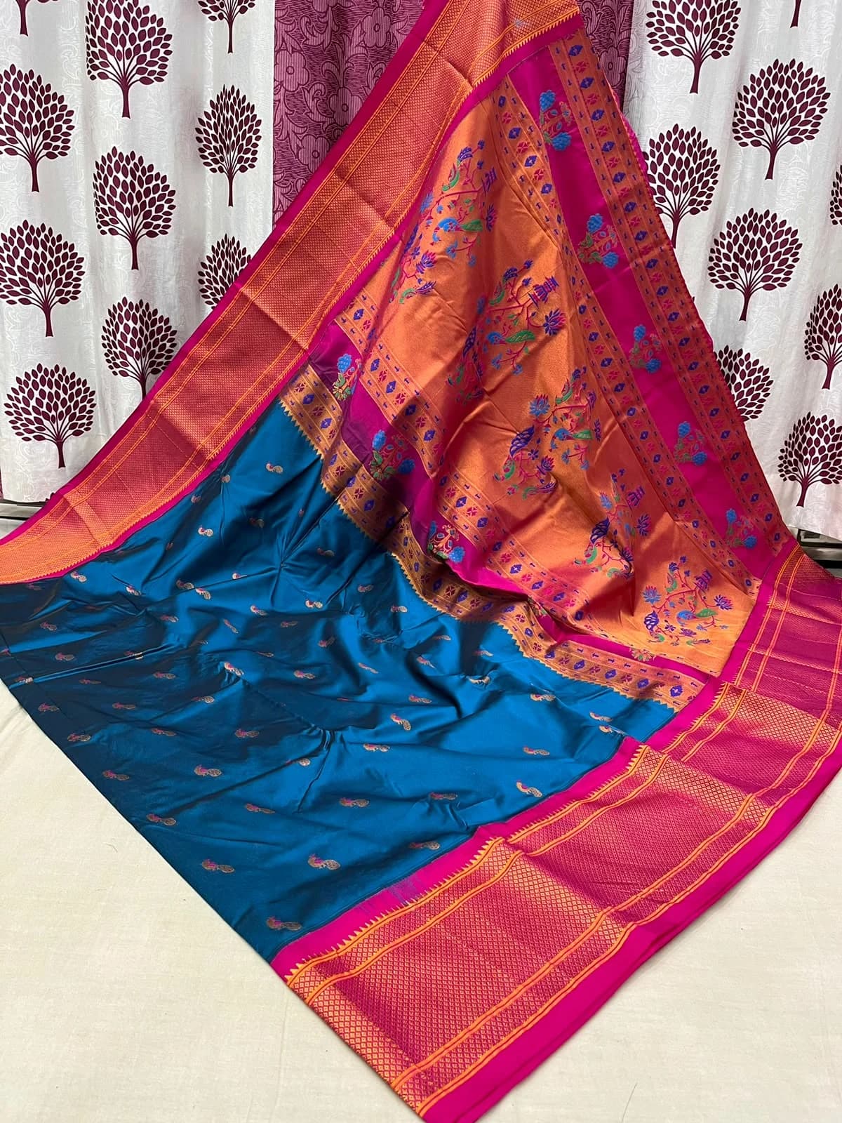 Kalyani Paithani Saree - Purple - Purple Semi Paithani Peacock Meena Butti, Meenakari Pallu, Allover Butties Saree