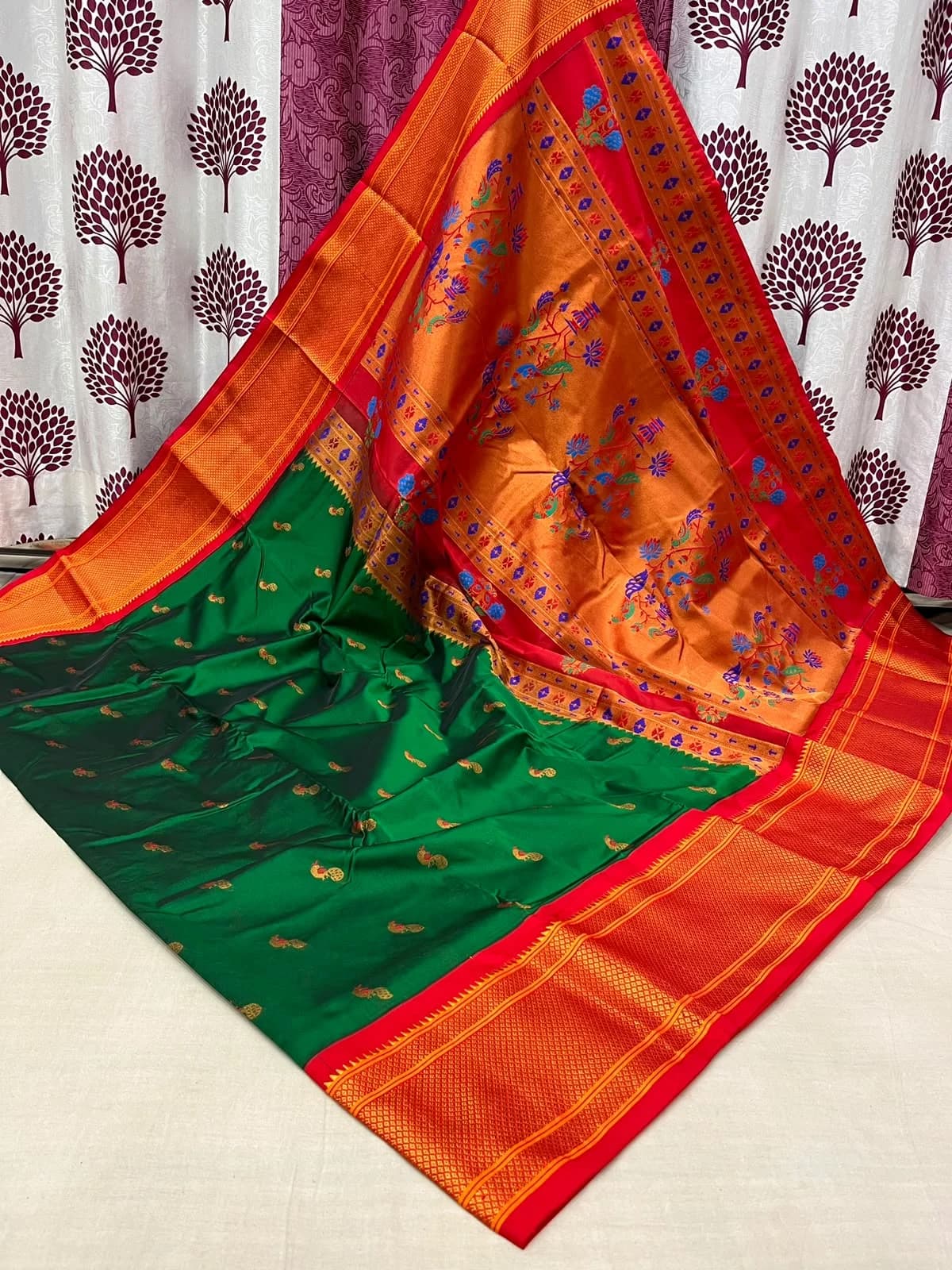Kalyani Paithani Saree - Dark Green - Dark Green Semi Paithani Peacock Meena Butti, Meenakari Pallu, Allover Butties Saree