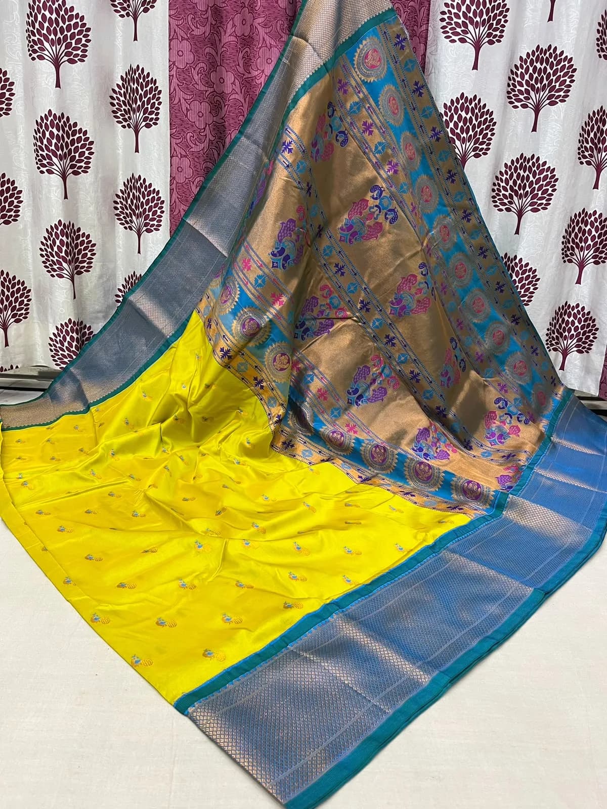 Kalyani Paithani Saree - Bright Yellow - Bright Yellow Semi Paithani Peacock Meena Butti, Meenakari Pallu, Allover Butties Saree